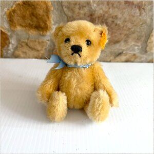 Vtg 90s Steiff Jointed Teddy Bear Light Brown Blue Ribbon Knopf im Ohr